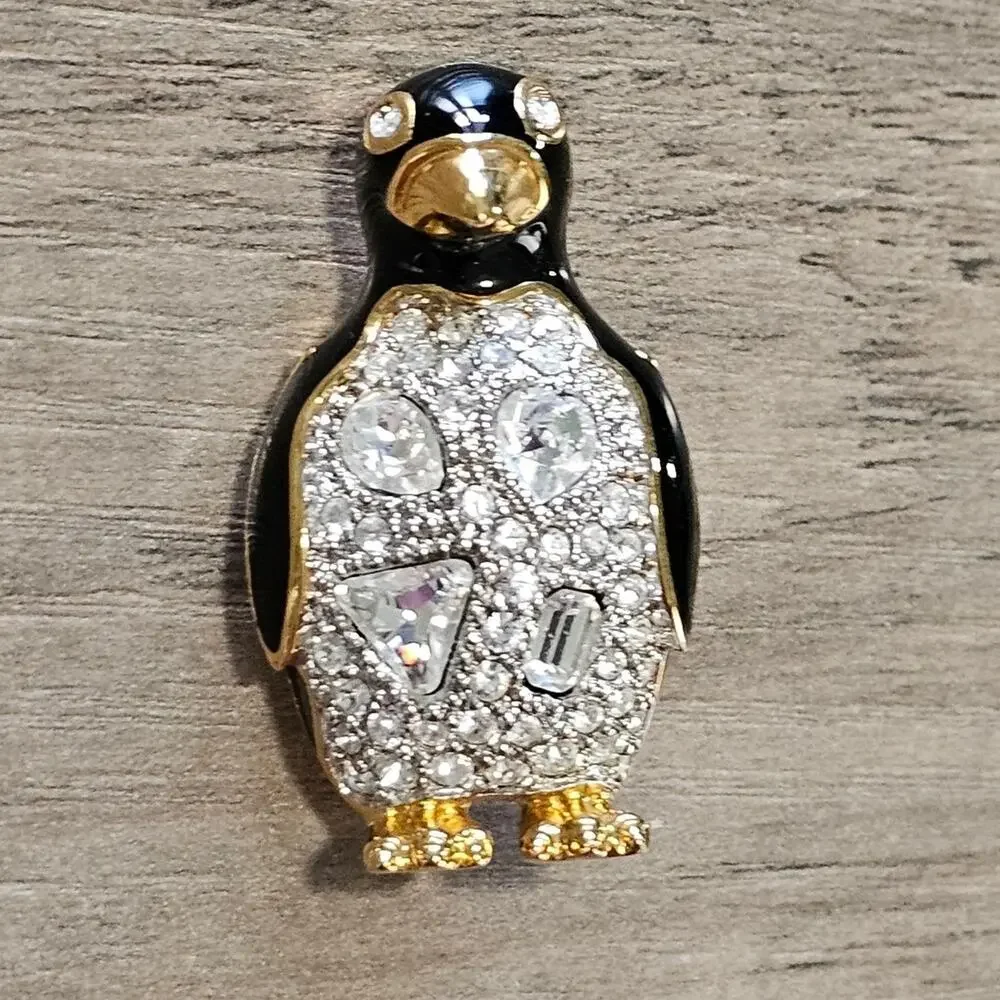 Swarovski Crystal Penguin Brooch with Gold Details
